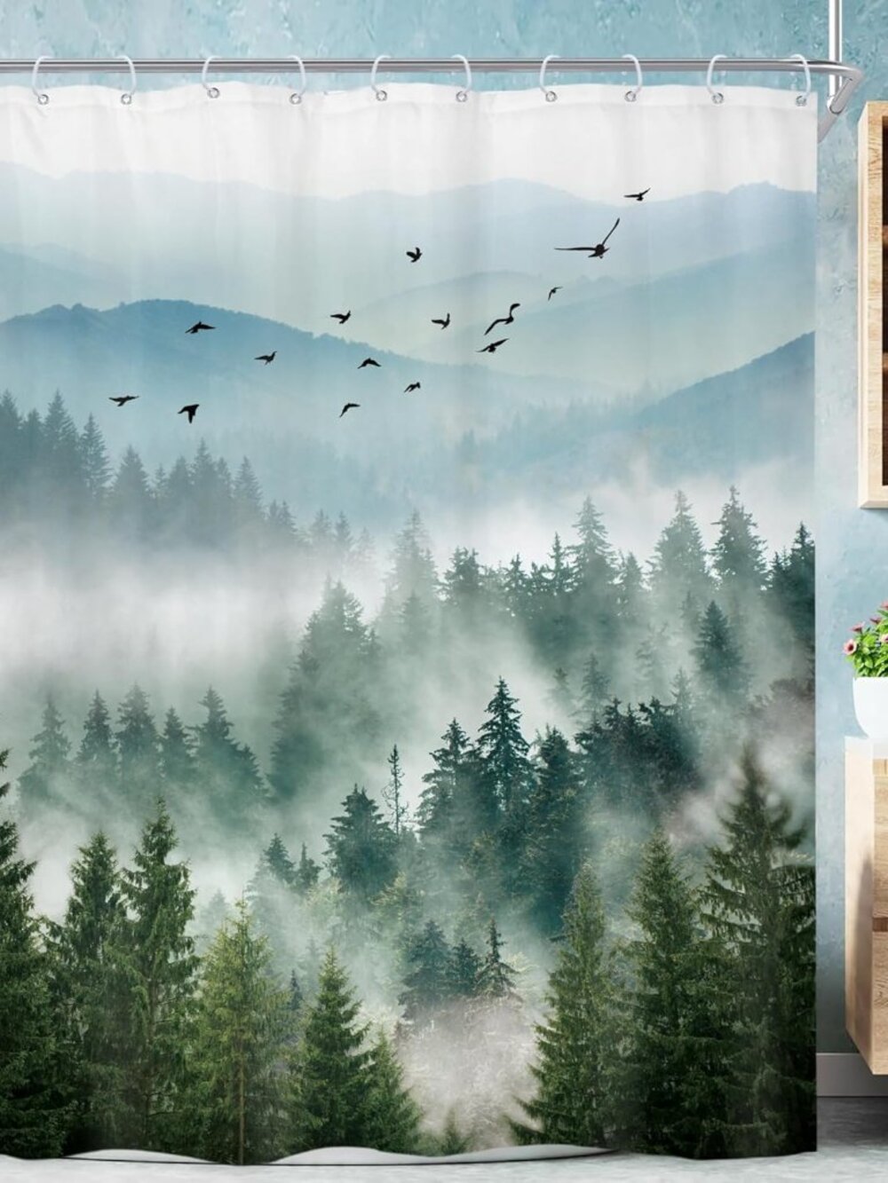 Rustic Green Mountain Shower Curtain For Bathroom Fun Nature Woodland Tree Scene